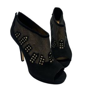 KSNY Peep-Toed Black Suede Golden City Scape Ankle Boot Heels Size 8